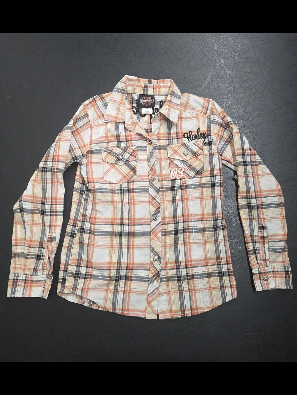 Harley-Davidson Kids Plaid Button-Down Shirt in Orange, Cream & Black